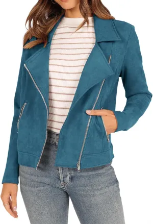 KIRUNDO Womens Faux Suede Jacket 2024 Fall Winter Clothes Casual Zipper Cropped Coat Bomber Biker Moto Jackets Outwear