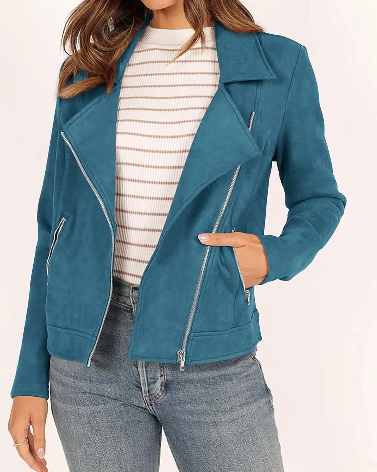 KIRUNDO Womens Faux Suede Jacket 2024 Fall Winter Clothes Casual Zipper Cropped Coat Bomber Biker Moto Jackets Outwear