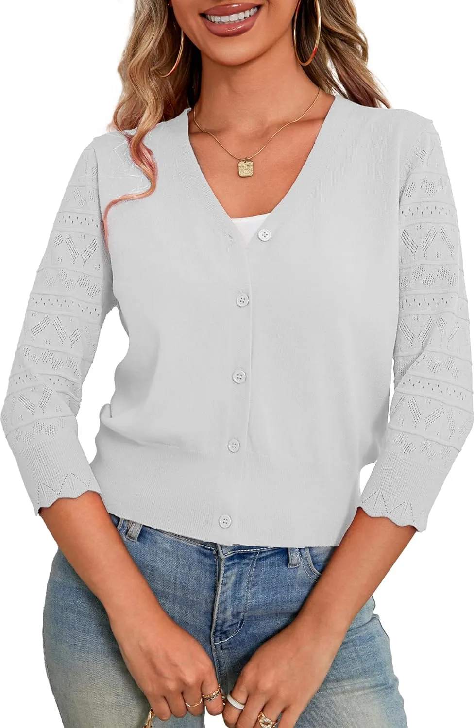 LIENRIDY Women's Crochet Cropped Cardigans Sweaters 3/4 Sleeve Open Front Bolero Shrugs, S-XL