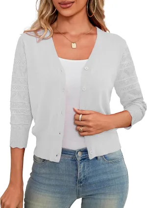 LIENRIDY Women's Crochet Cropped Cardigans Sweaters 3/4 Sleeve Open Front Bolero Shrugs, S-XL