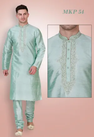 Light Pastel Green Mens Embroidered Kurta Pyjama Set