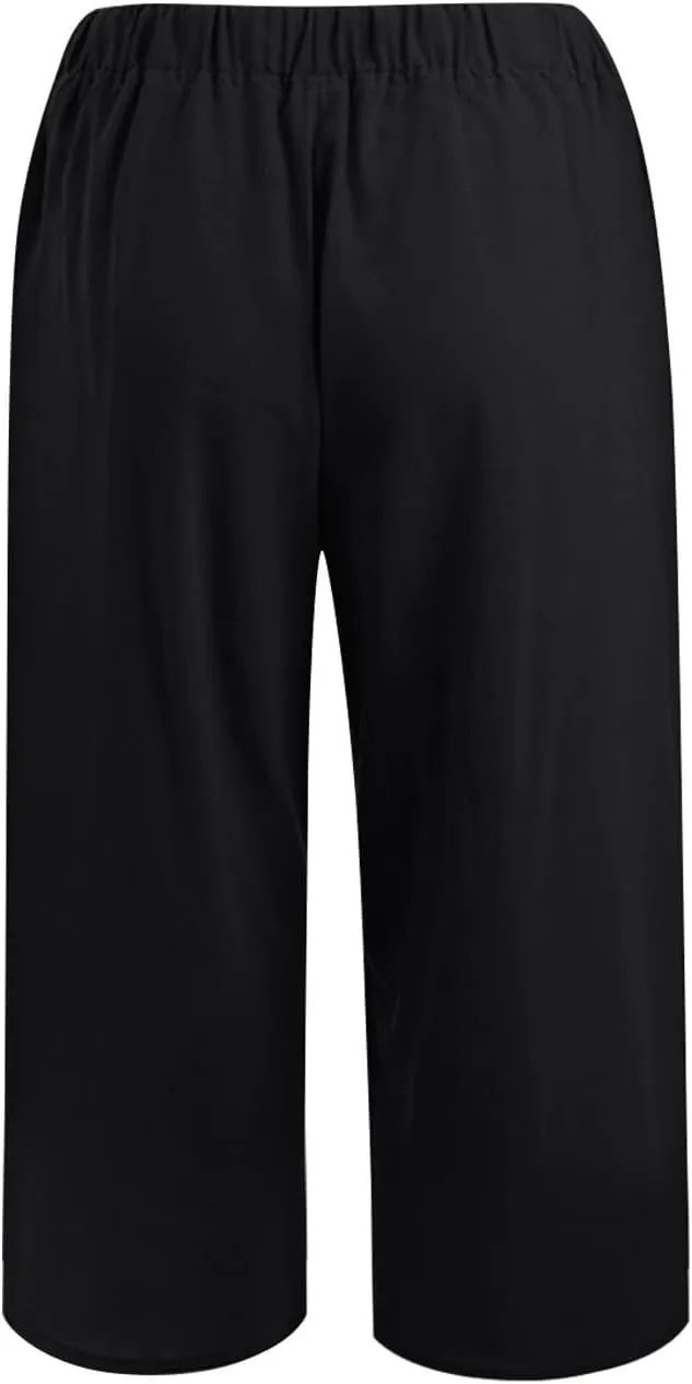 Linen Capri Pants for Women 2025 Casual Summer Capris Drawstring High Waist Pants Wide Leg Cropped Trousers w/Pockets