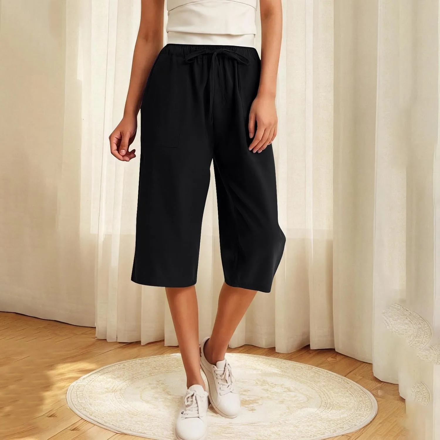 Linen Capri Pants for Women 2025 Casual Summer Capris Drawstring High Waist Pants Wide Leg Cropped Trousers w/Pockets