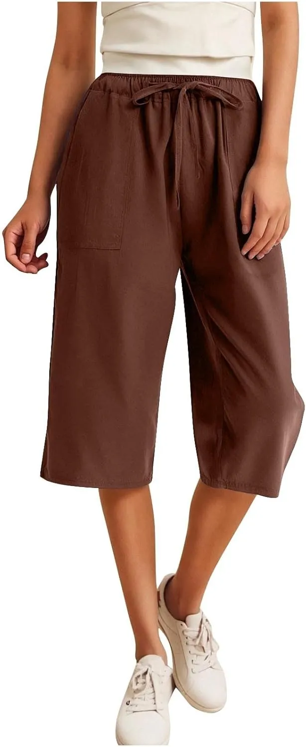 Linen Capri Pants for Women 2025 Casual Summer Capris Drawstring High Waist Pants Wide Leg Cropped Trousers w/Pockets