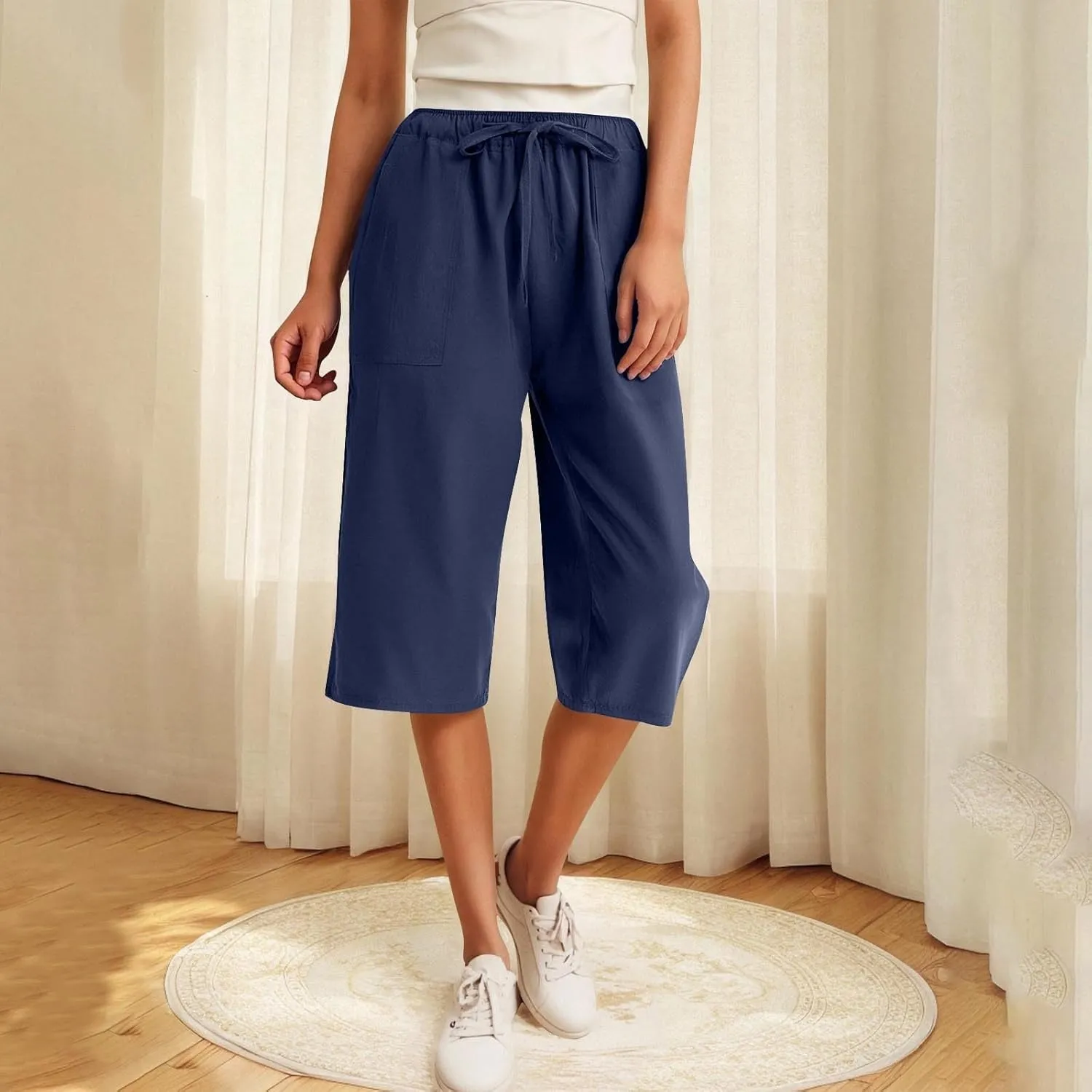 Linen Capri Pants for Women 2025 Casual Summer Capris Drawstring High Waist Pants Wide Leg Cropped Trousers w/Pockets