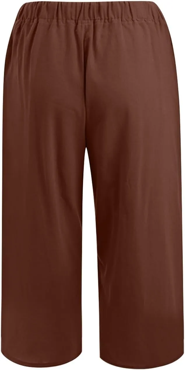 Linen Capri Pants for Women 2025 Casual Summer Capris Drawstring High Waist Pants Wide Leg Cropped Trousers w/Pockets