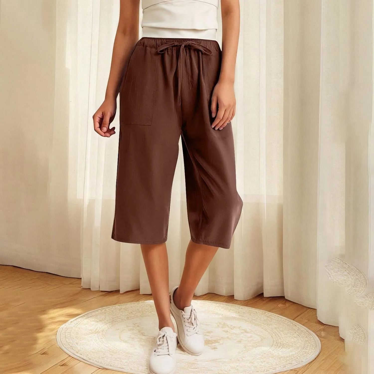 Linen Capri Pants for Women 2025 Casual Summer Capris Drawstring High Waist Pants Wide Leg Cropped Trousers w/Pockets
