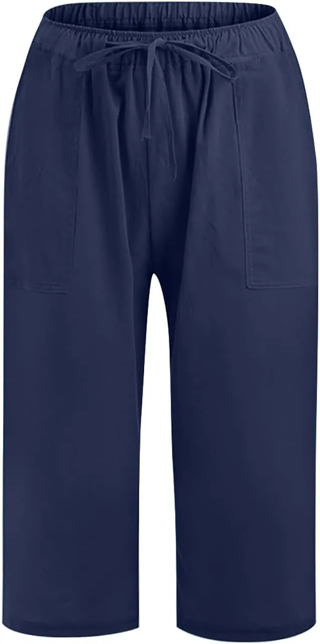 Linen Capri Pants for Women 2025 Casual Summer Capris Drawstring High Waist Pants Wide Leg Cropped Trousers w/Pockets
