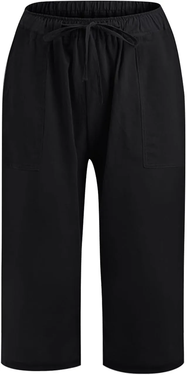 Linen Capri Pants for Women 2025 Casual Summer Capris Drawstring High Waist Pants Wide Leg Cropped Trousers w/Pockets
