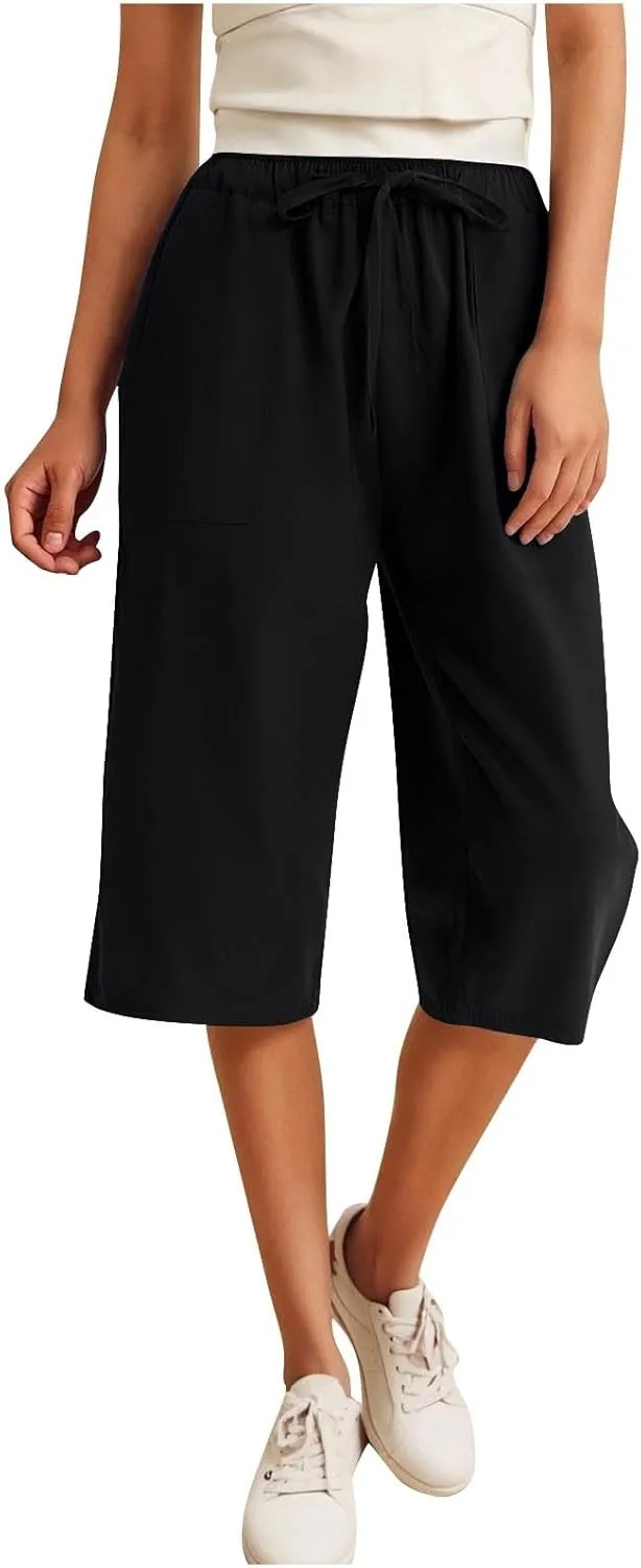 Linen Capri Pants for Women 2025 Casual Summer Capris Drawstring High Waist Pants Wide Leg Cropped Trousers w/Pockets