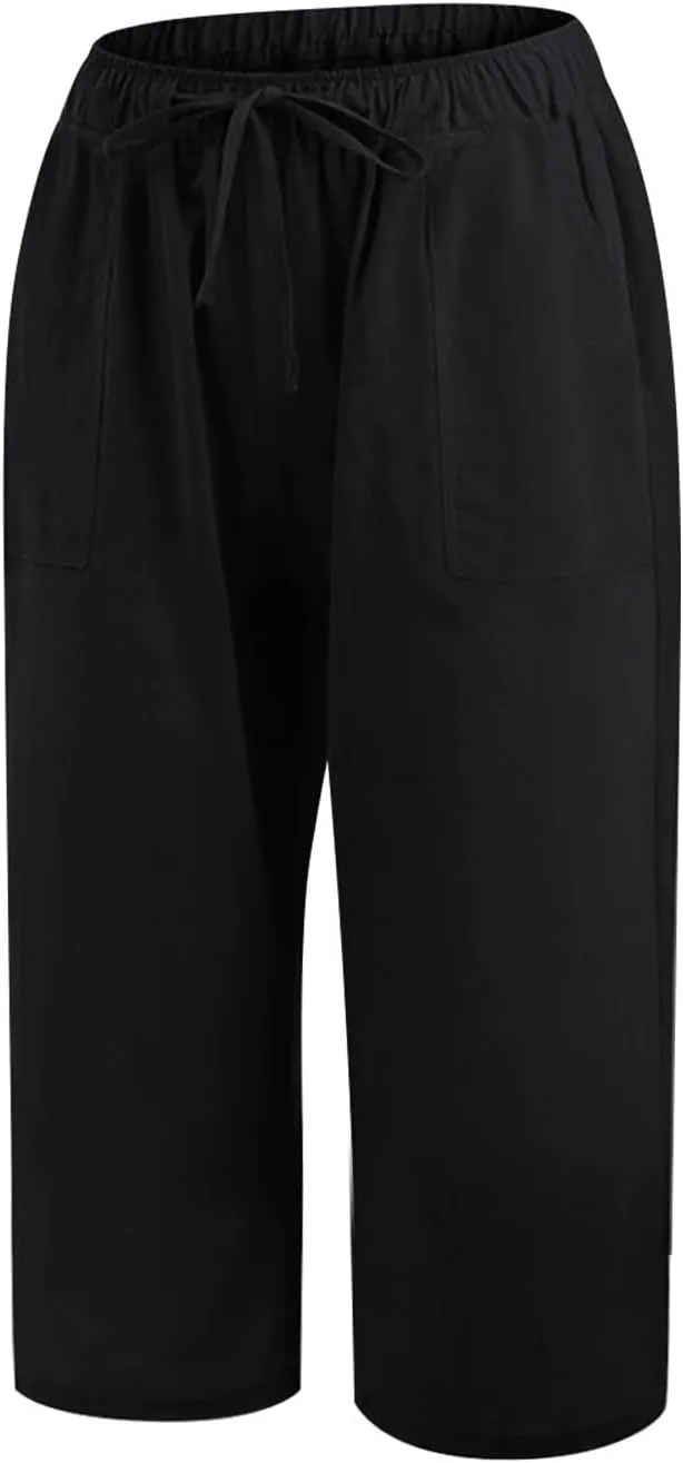 Linen Capri Pants for Women 2025 Casual Summer Capris Drawstring High Waist Pants Wide Leg Cropped Trousers w/Pockets