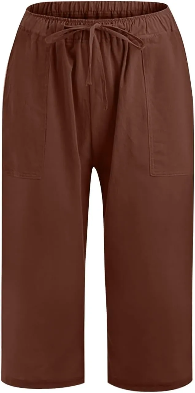 Linen Capri Pants for Women 2025 Casual Summer Capris Drawstring High Waist Pants Wide Leg Cropped Trousers w/Pockets