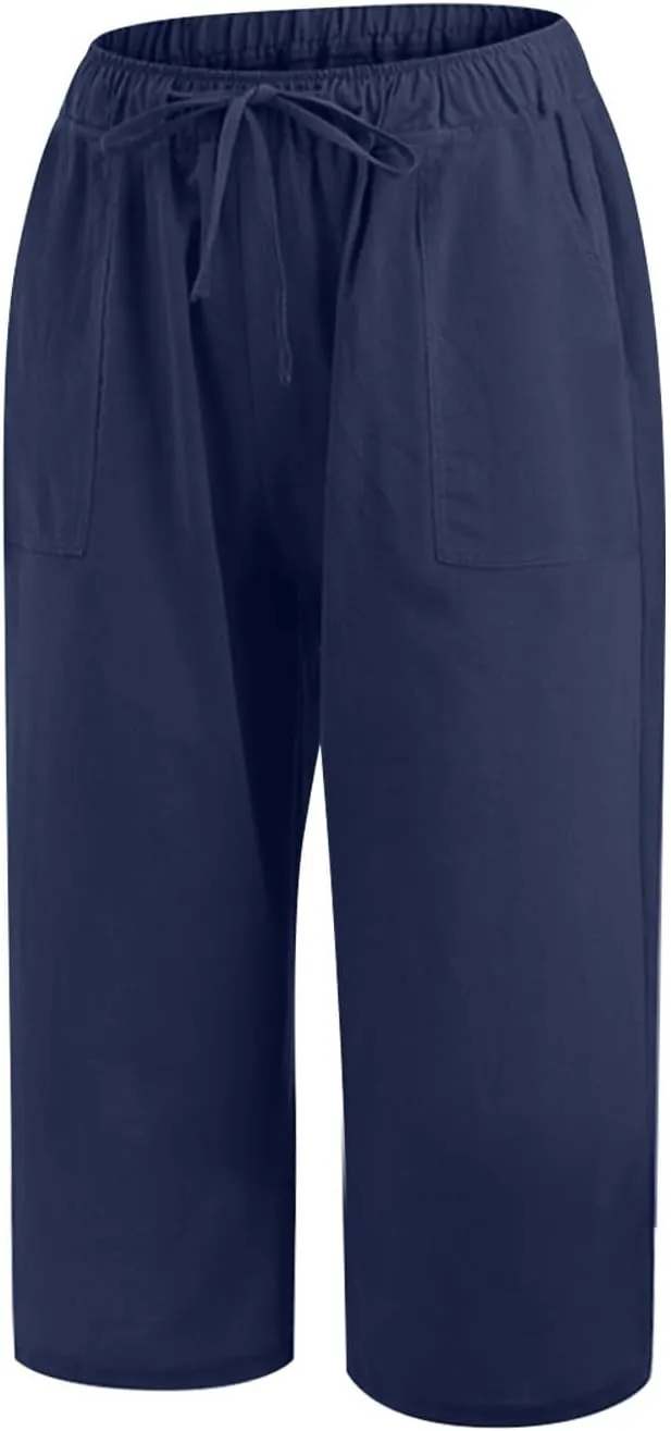 Linen Capri Pants for Women 2025 Casual Summer Capris Drawstring High Waist Pants Wide Leg Cropped Trousers w/Pockets