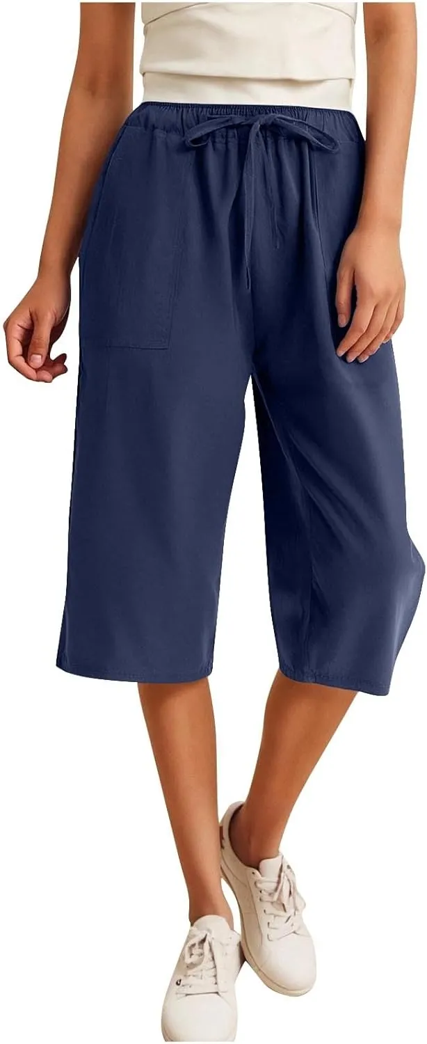 Linen Capri Pants for Women 2025 Casual Summer Capris Drawstring High Waist Pants Wide Leg Cropped Trousers w/Pockets