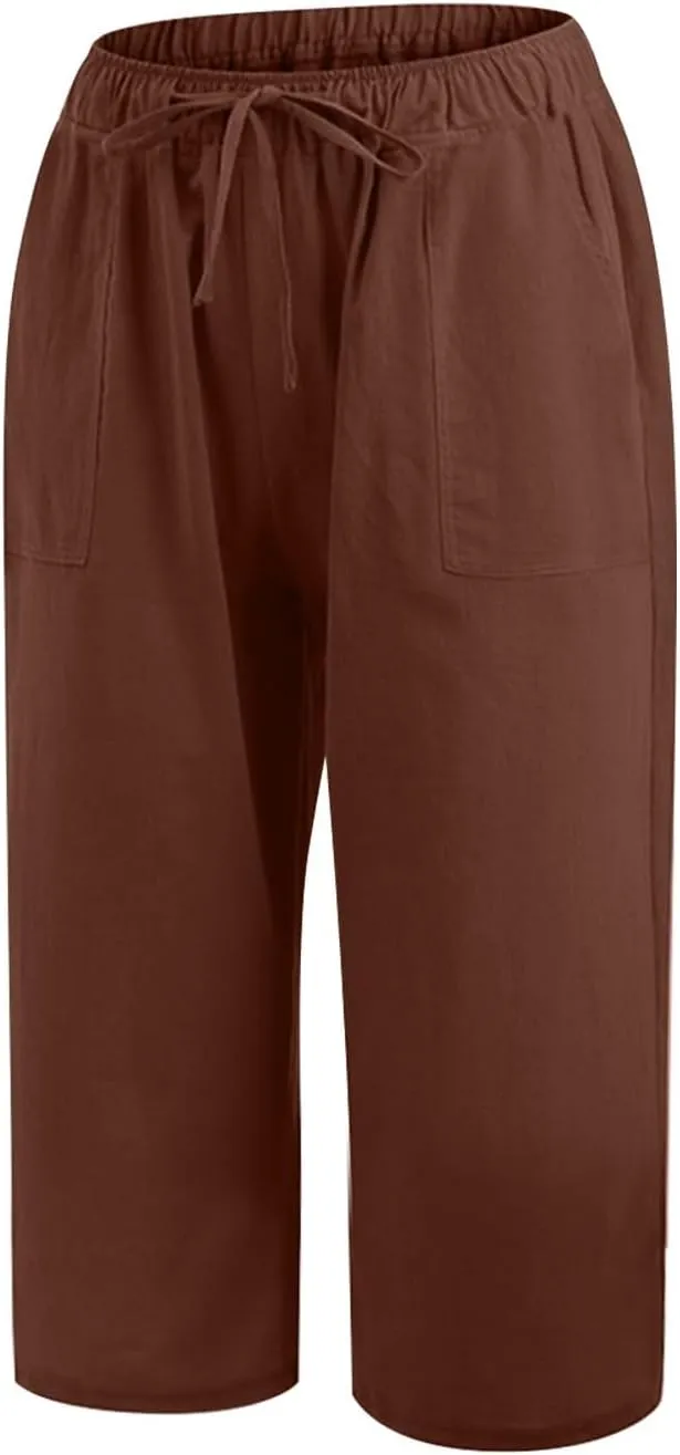 Linen Capri Pants for Women 2025 Casual Summer Capris Drawstring High Waist Pants Wide Leg Cropped Trousers w/Pockets
