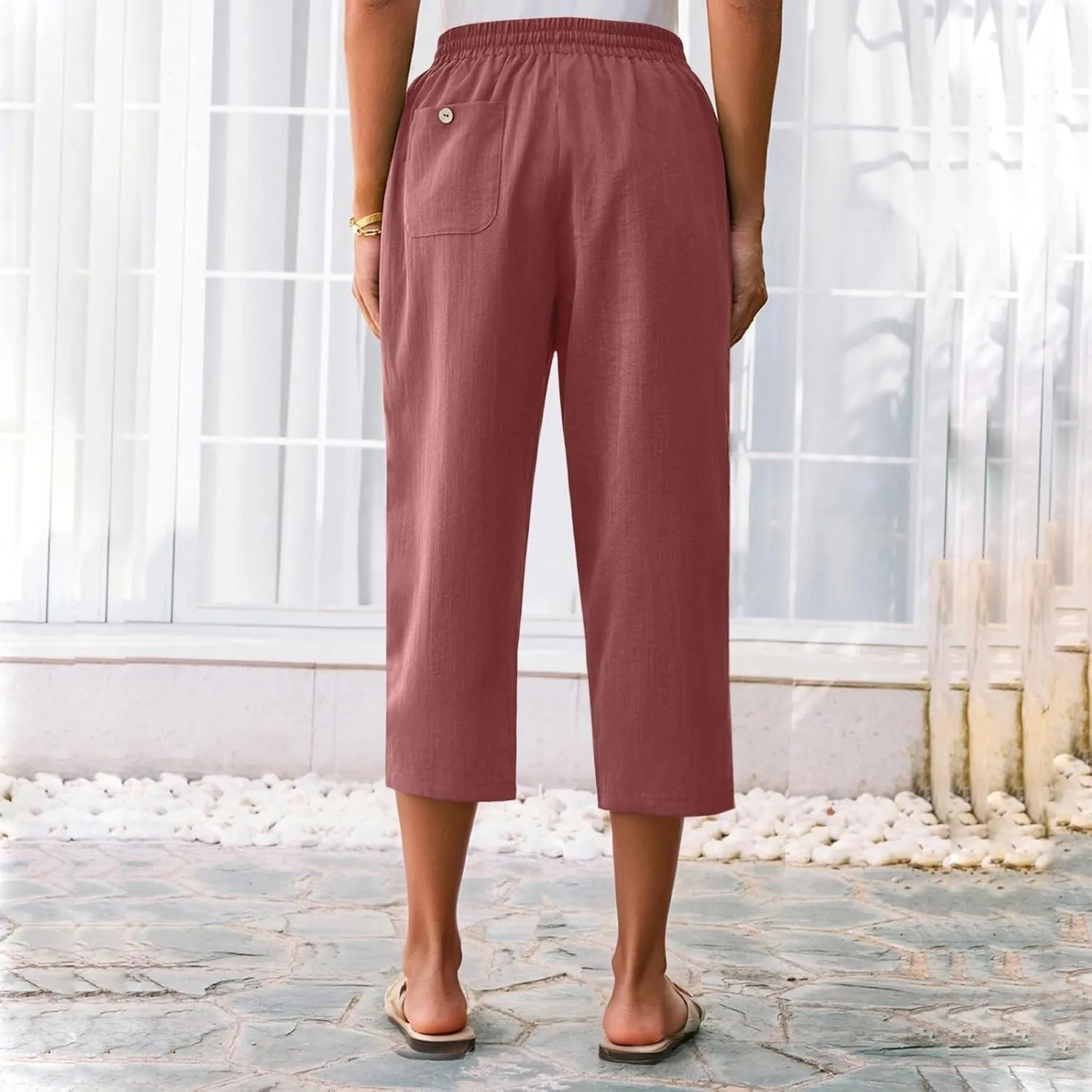 Linen Capri Pants for Women Casual Summer Elastic Waist Tapered Straight Leg Pants Cropped Beach Trousers with Pockets