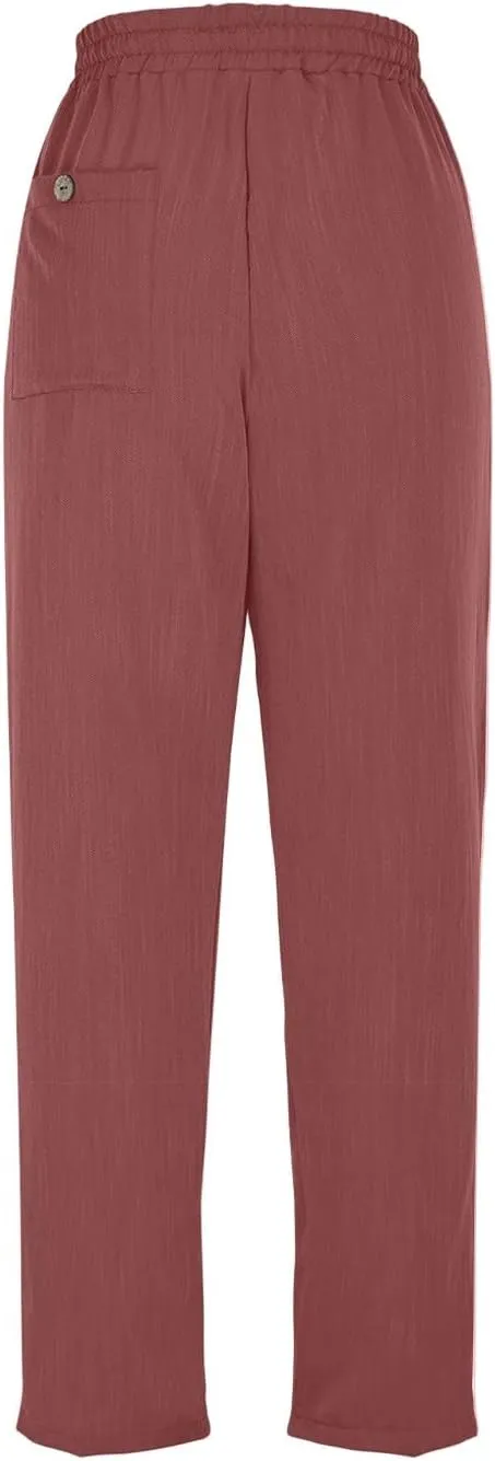 Linen Capri Pants for Women Casual Summer Elastic Waist Tapered Straight Leg Pants Cropped Beach Trousers with Pockets