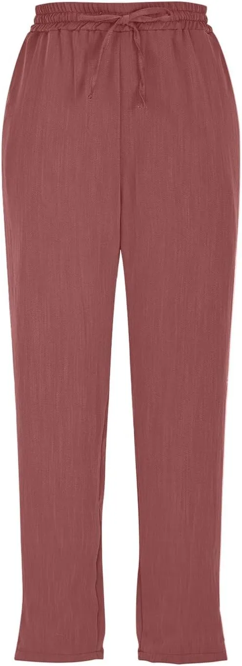 Linen Capri Pants for Women Casual Summer Elastic Waist Tapered Straight Leg Pants Cropped Beach Trousers with Pockets