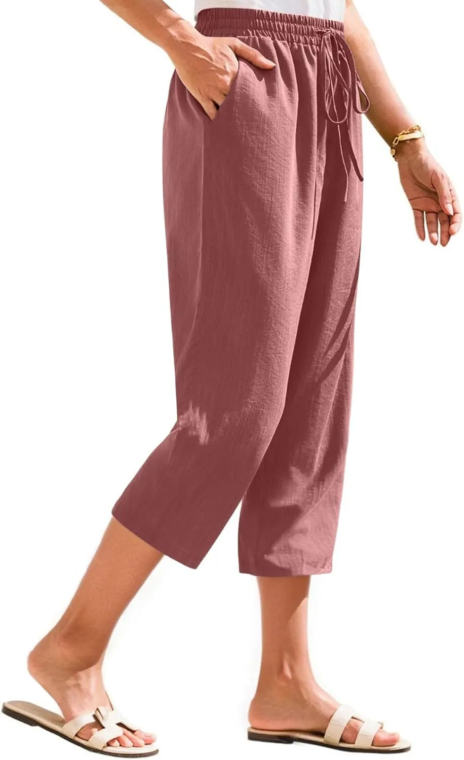 Linen Capri Pants for Women Casual Summer Elastic Waist Tapered Straight Leg Pants Cropped Beach Trousers with Pockets