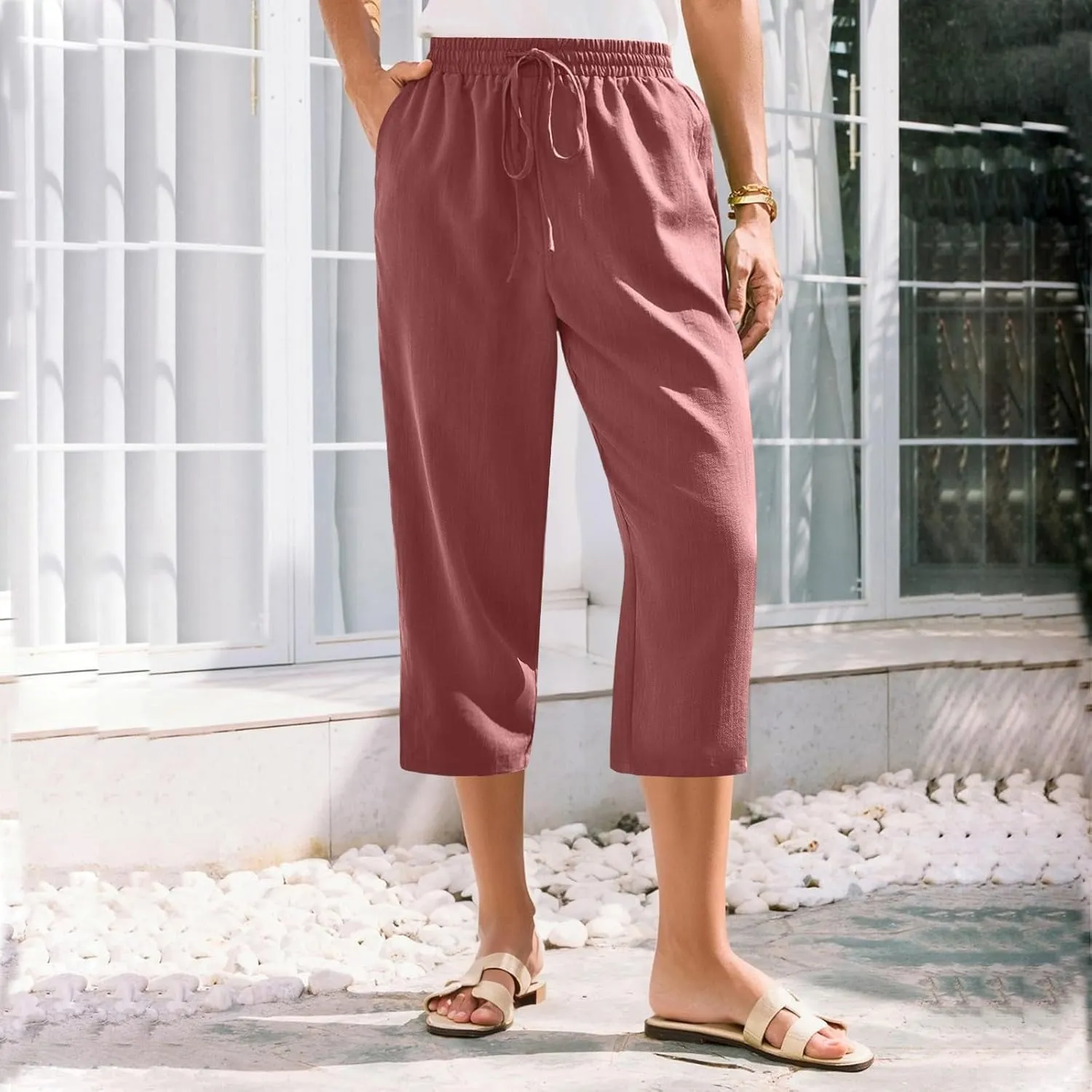 Linen Capri Pants for Women Casual Summer Elastic Waist Tapered Straight Leg Pants Cropped Beach Trousers with Pockets