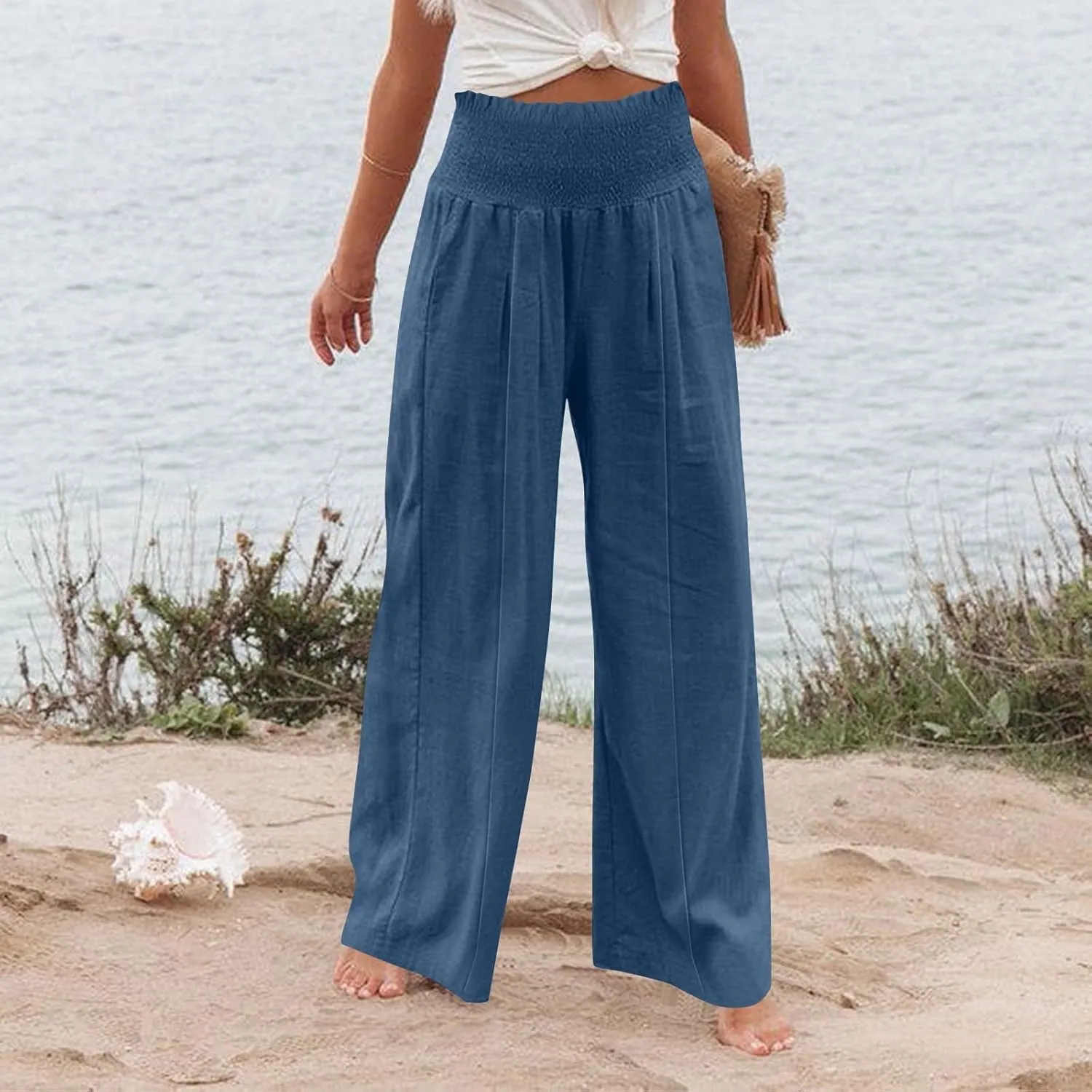 Linen Palazzo Pants for Women 2025 Baggy Y2K Summer Stretchy Boho Beach Pants High Waist Plus Size Lounge Palazzo Trousers