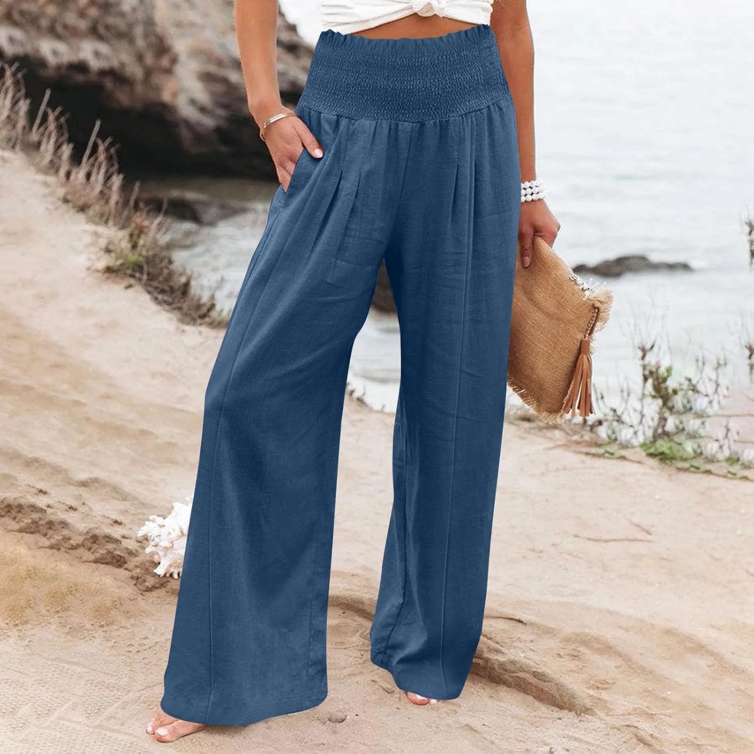 Linen Palazzo Pants for Women 2025 Baggy Y2K Summer Stretchy Boho Beach Pants High Waist Plus Size Lounge Palazzo Trousers