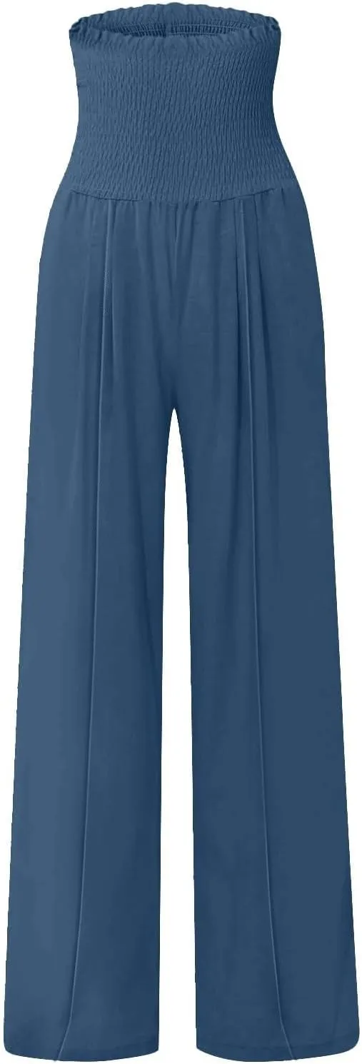 Linen Palazzo Pants for Women 2025 Baggy Y2K Summer Stretchy Boho Beach Pants High Waist Plus Size Lounge Palazzo Trousers