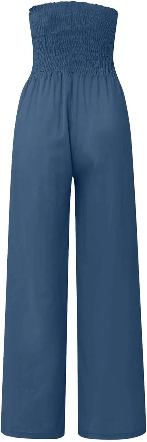 Linen Palazzo Pants for Women 2025 Baggy Y2K Summer Stretchy Boho Beach Pants High Waist Plus Size Lounge Palazzo Trousers