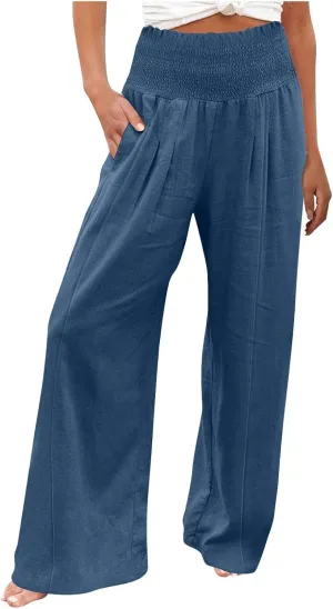 Linen Palazzo Pants for Women 2025 Baggy Y2K Summer Stretchy Boho Beach Pants High Waist Plus Size Lounge Palazzo Trousers