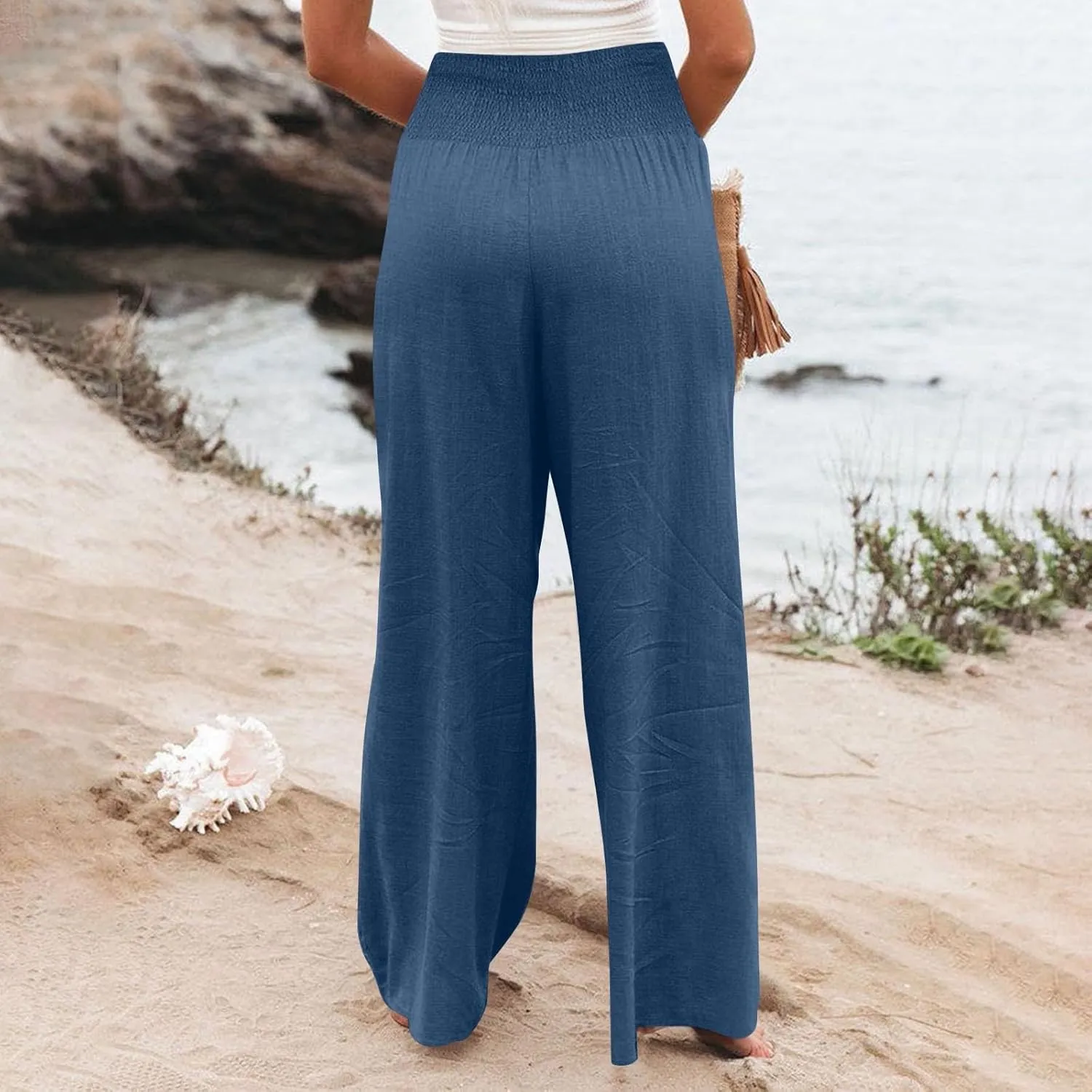 Linen Palazzo Pants for Women 2025 Baggy Y2K Summer Stretchy Boho Beach Pants High Waist Plus Size Lounge Palazzo Trousers
