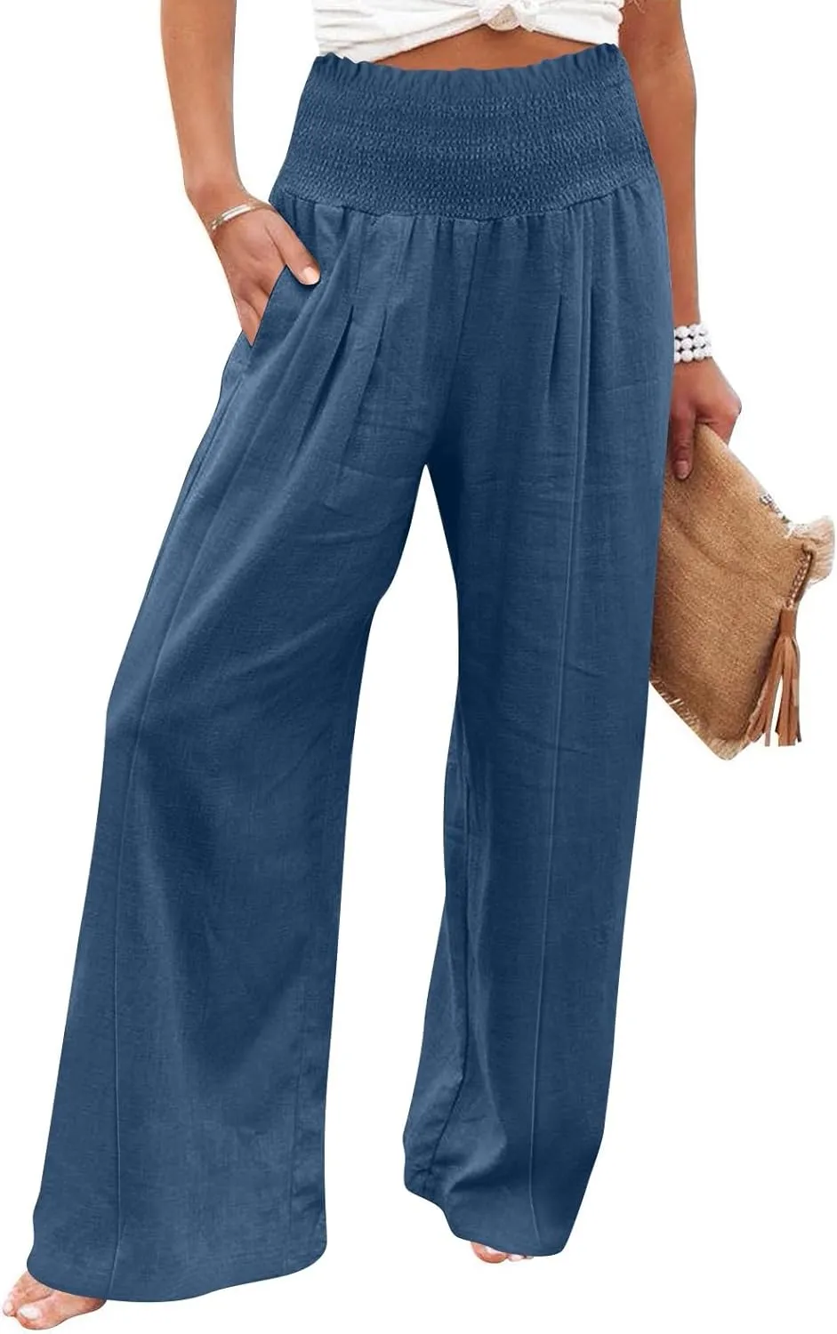 Linen Palazzo Pants for Women 2025 Baggy Y2K Summer Stretchy Boho Beach Pants High Waist Plus Size Lounge Palazzo Trousers