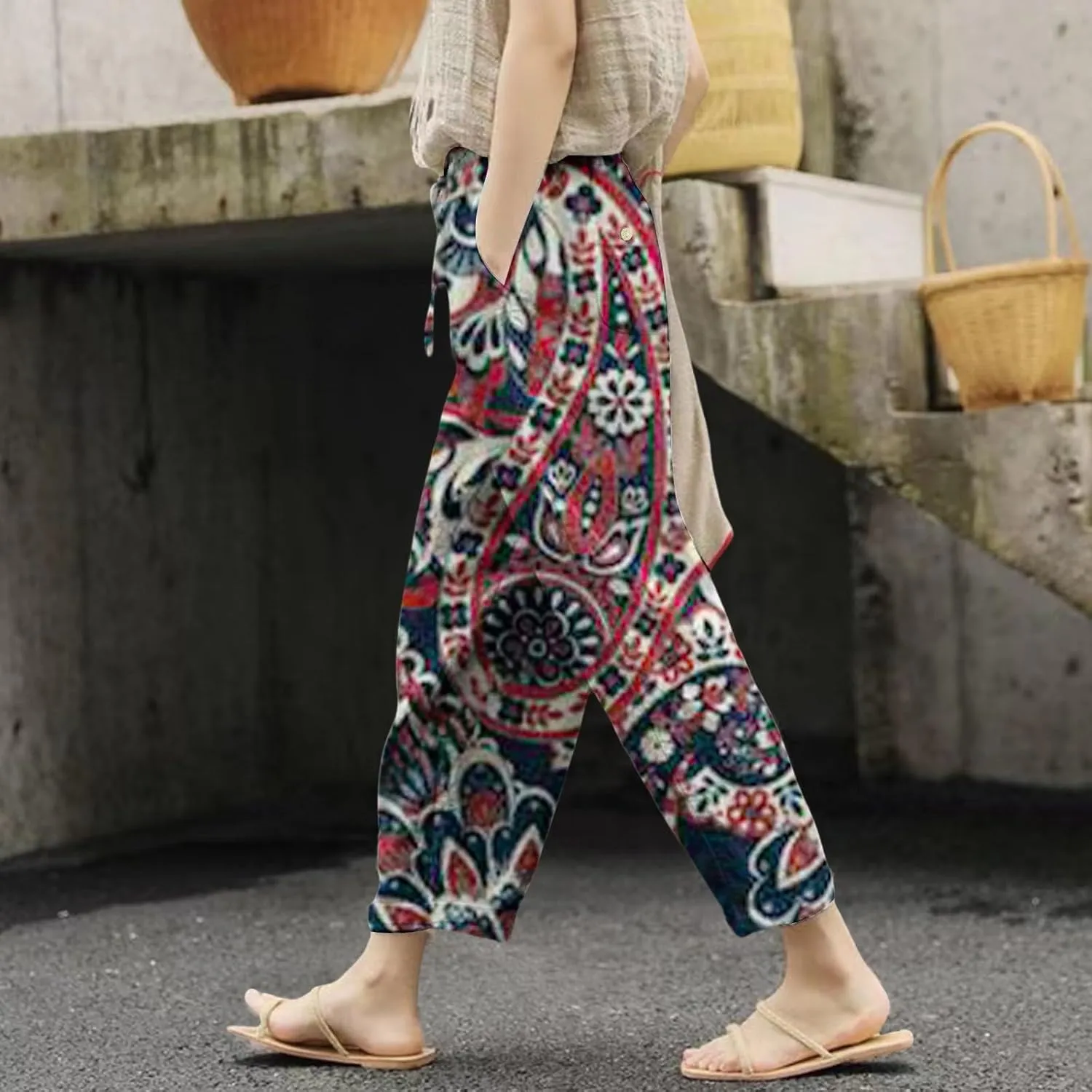 Linen Pant for Women 2025 Summer High Waist Elastic Straight Leg Lounge Pant Loose Casual Lightweight Beach Trousers