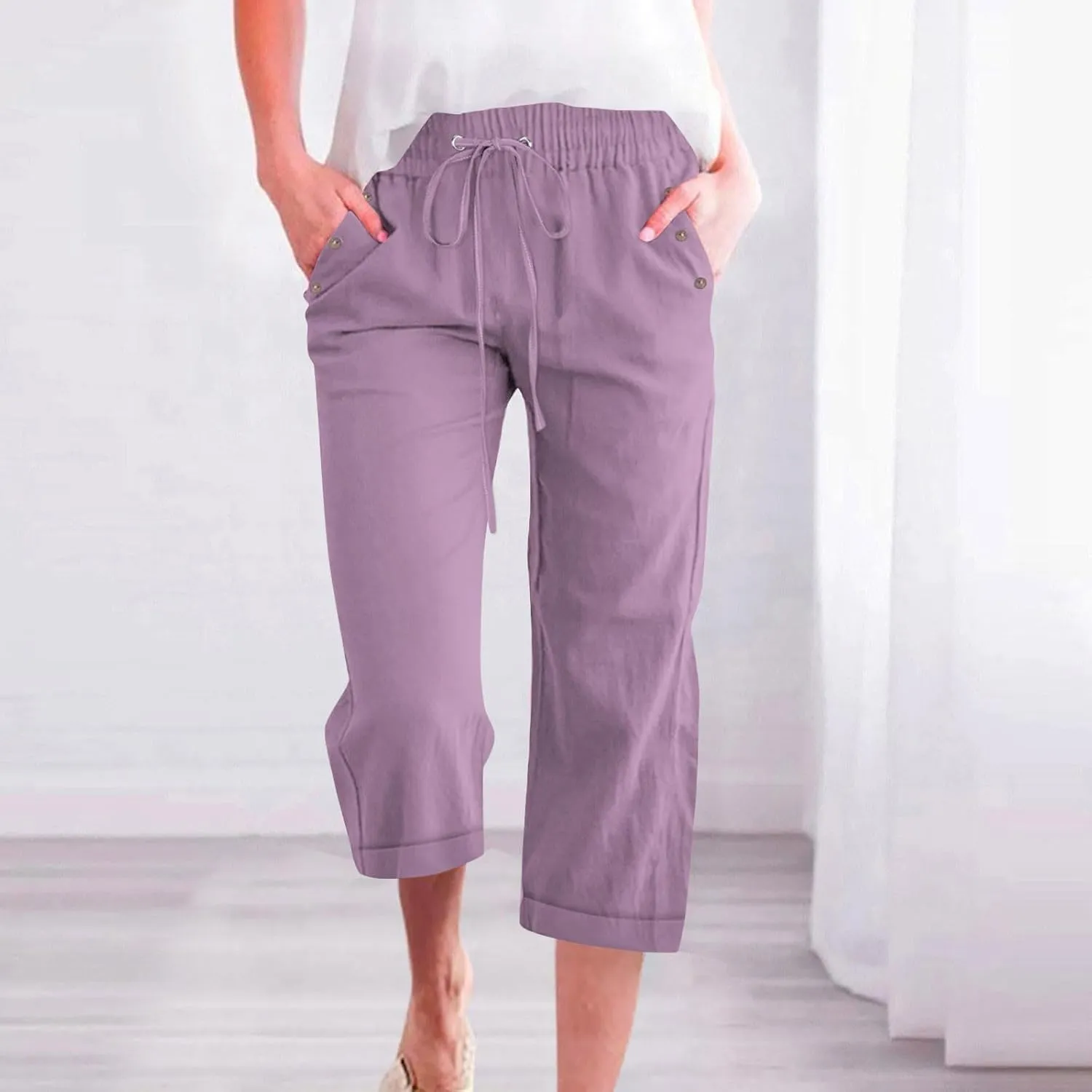 Linen Pants for Women 2025 Summer Casual Tie Knot Elastic High Waist Capri Pants Plus Size Wide Leg Lounge Capris