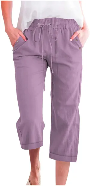 Linen Pants for Women 2025 Summer Casual Tie Knot Elastic High Waist Capri Pants Plus Size Wide Leg Lounge Capris