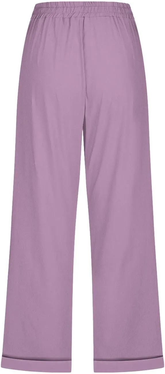 Linen Pants for Women 2025 Summer Casual Tie Knot Elastic High Waist Capri Pants Plus Size Wide Leg Lounge Capris