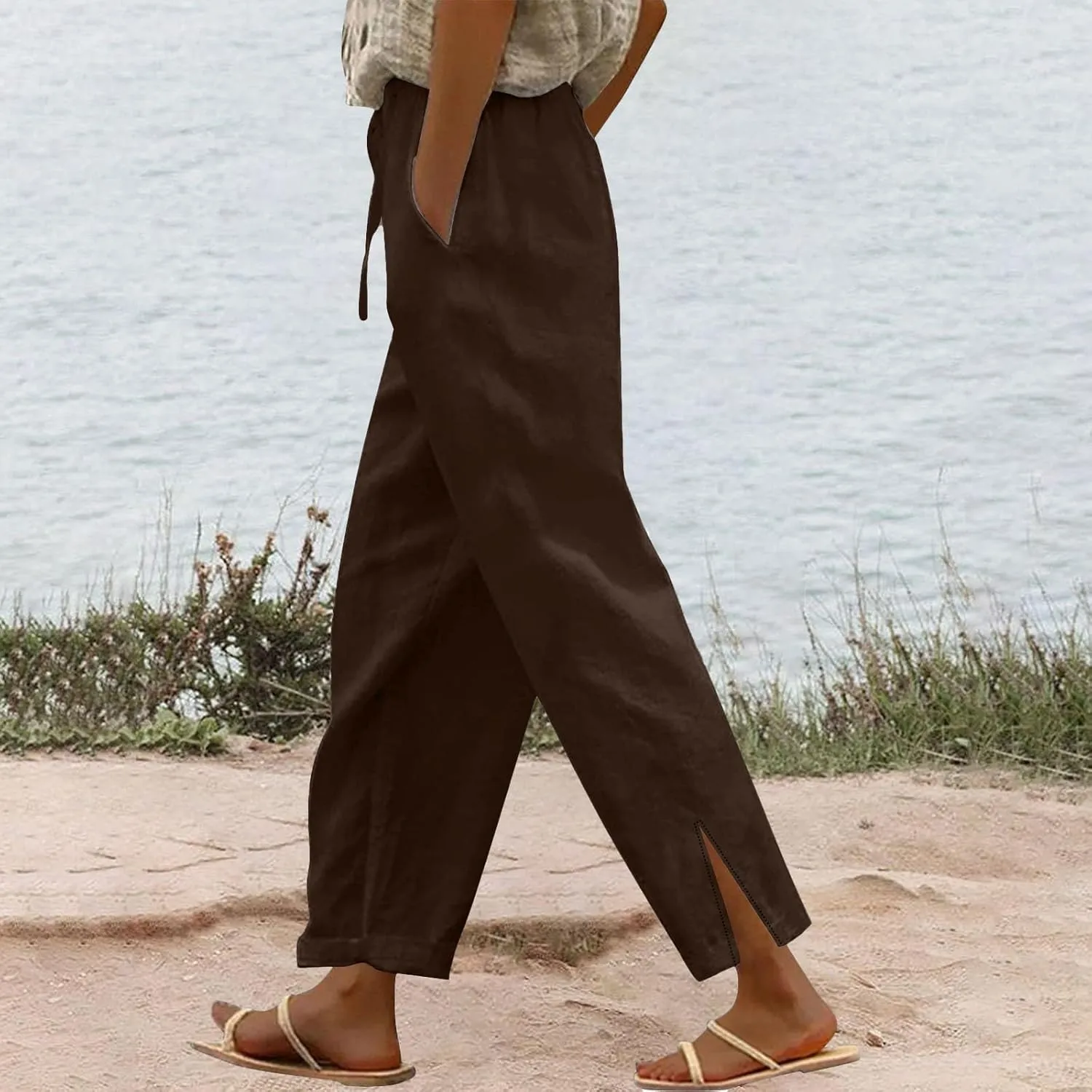 Linen Pants for Women 2025 Summer High Waist Elastic Straight Leg Lounge Pant Loose Lightweight Beach Trousers