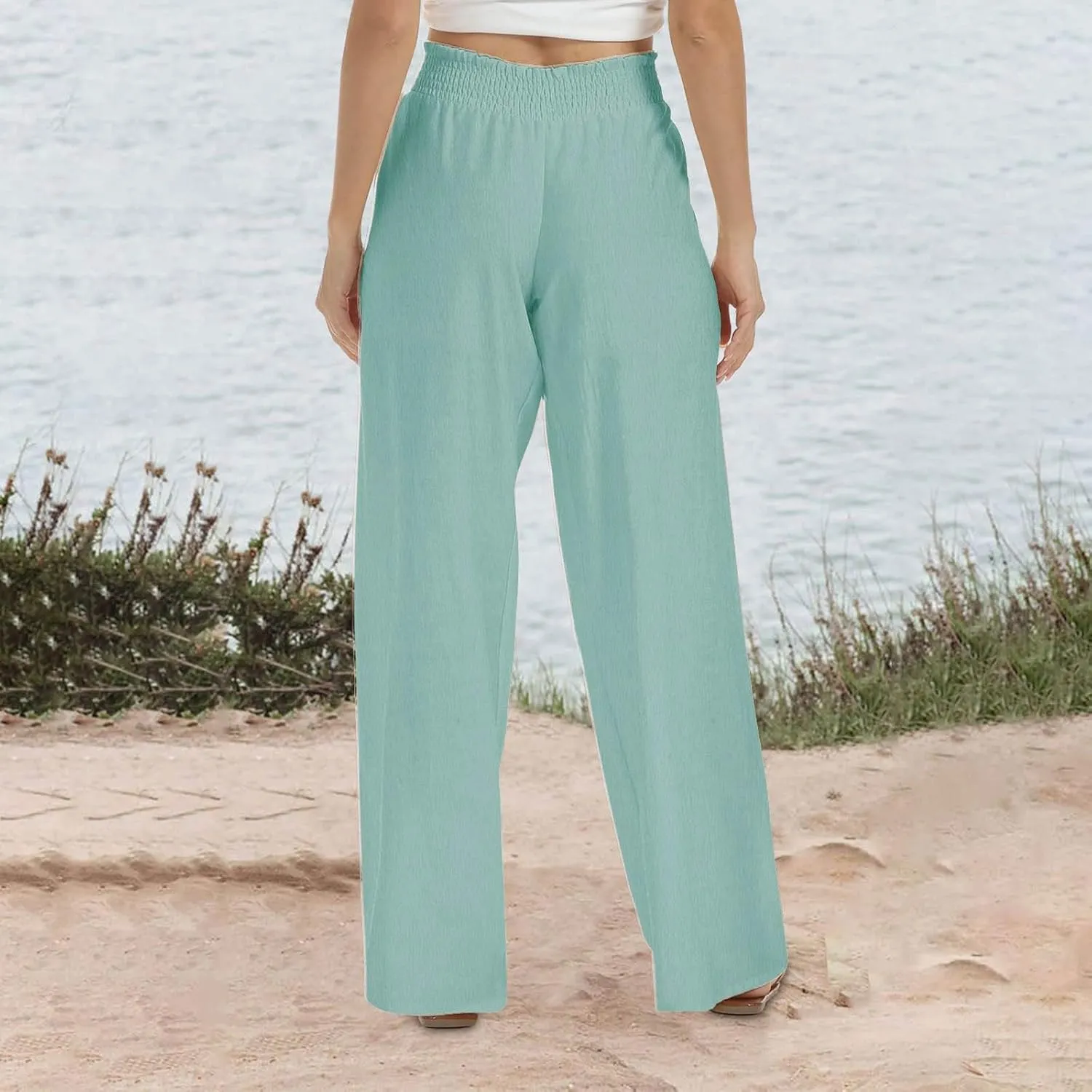 Linen Pants Women 2025 Summer - Casual Beach Palazzo Trousers for Women Elastic Drawstring with Pockets Pants