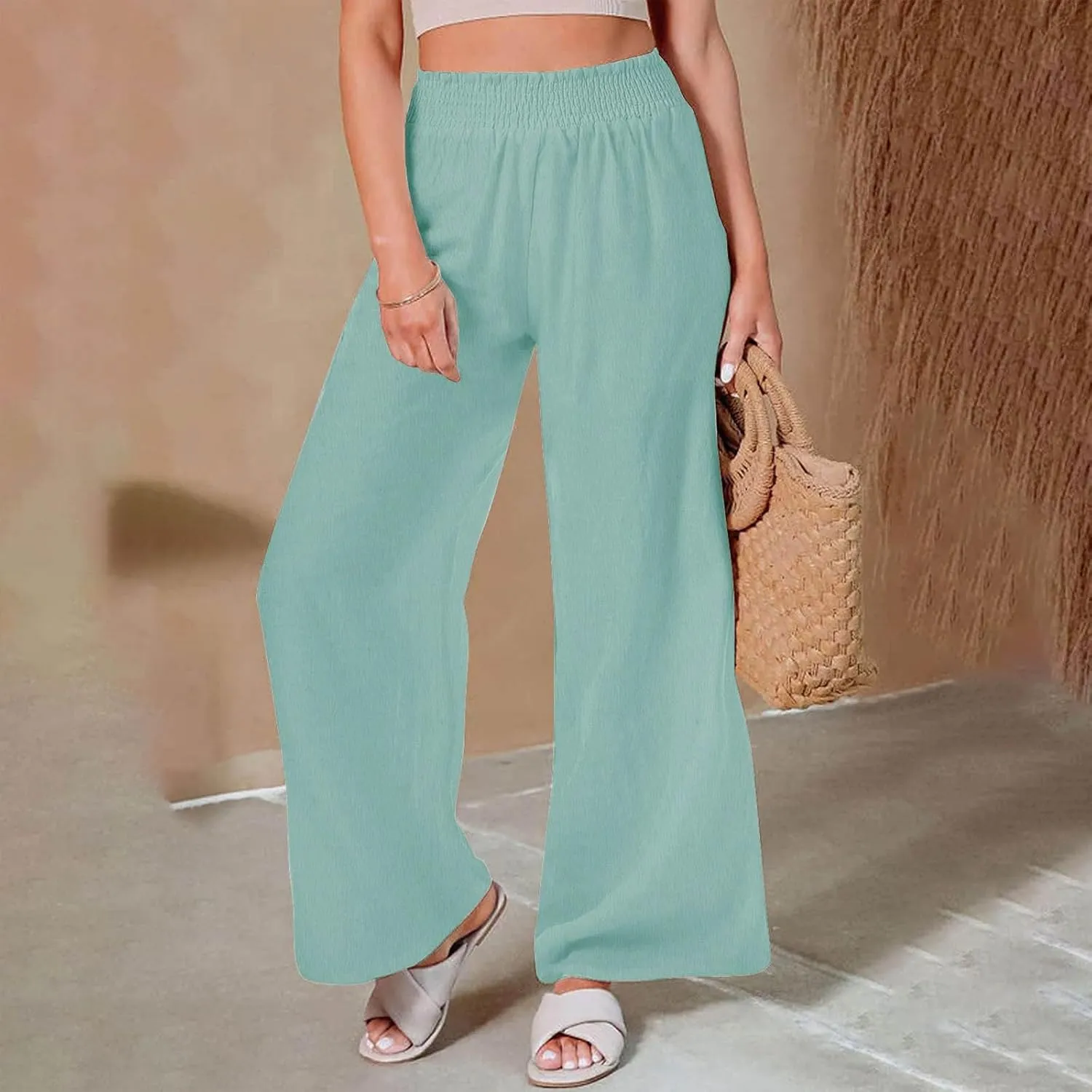 Linen Pants Women 2025 Summer - Casual Beach Palazzo Trousers for Women Elastic Drawstring with Pockets Pants