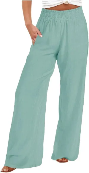 Linen Pants Women 2025 Summer - Casual Beach Palazzo Trousers for Women Elastic Drawstring with Pockets Pants