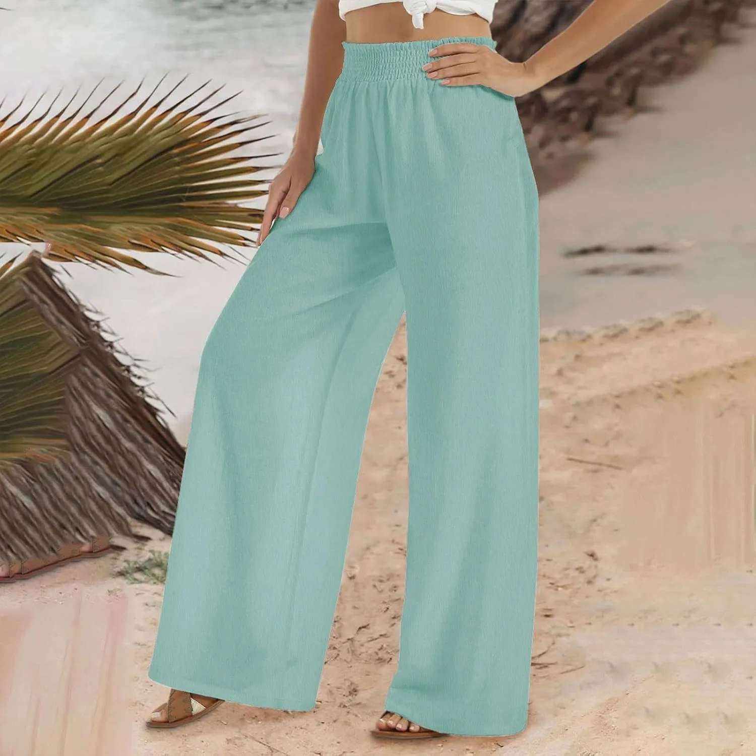 Linen Pants Women 2025 Summer - Casual Beach Palazzo Trousers for Women Elastic Drawstring with Pockets Pants