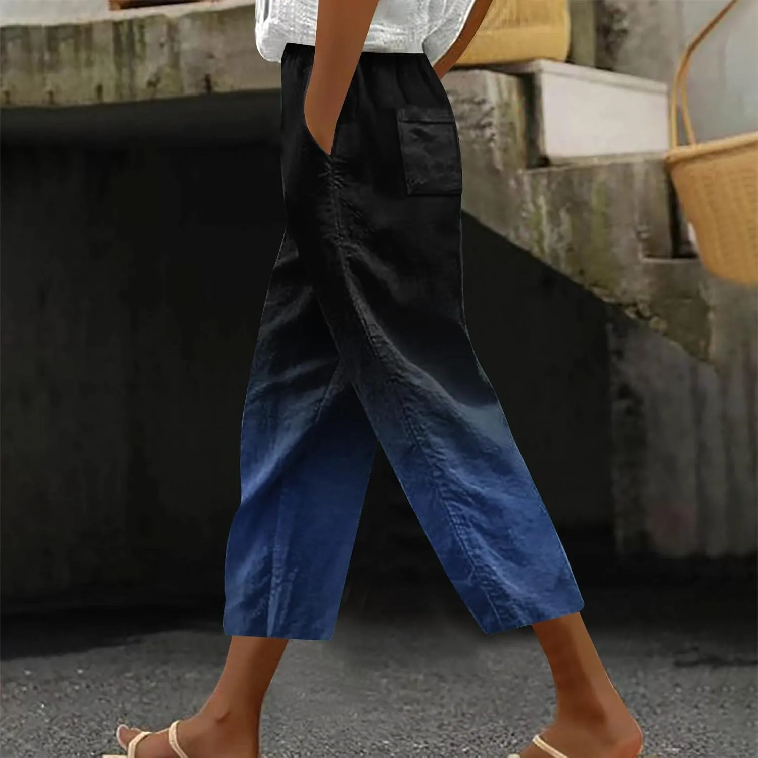 Linen Pants Women Casual Summer Harlan Pants Lightweight Wide Leg Gradient Color Trousers with Drawstring Pockets