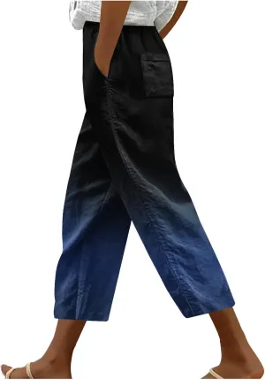 Linen Pants Women Casual Summer Harlan Pants Lightweight Wide Leg Gradient Color Trousers with Drawstring Pockets