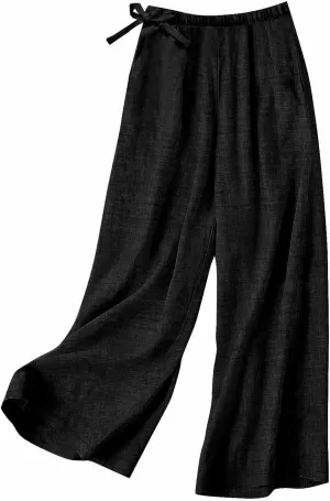 Linen Pants Women Elastic Waist Wide Leg Flowy Palazzo Capri Pants Casual Summer Loose Work Harem Pants Trousers 2025