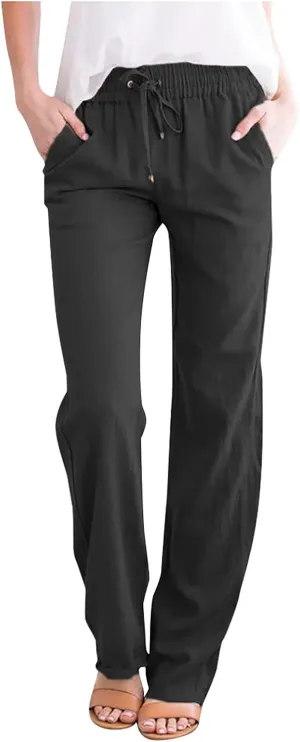 Linen Pants Women High Waist Casual Linen Pants Drawstring Straight Leg Lounge Trousers Pockets Vacation Beach Pants