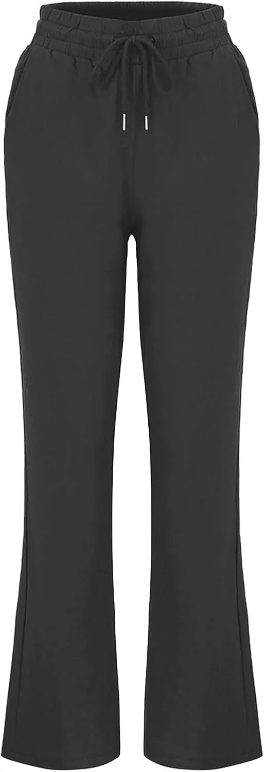 Linen Pants Women High Waist Casual Linen Pants Drawstring Straight Leg Lounge Trousers Pockets Vacation Beach Pants