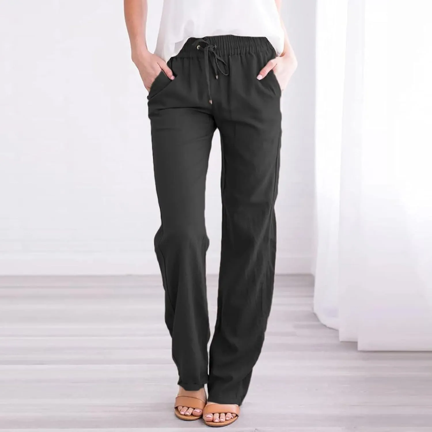 Linen Pants Women High Waist Casual Linen Pants Drawstring Straight Leg Lounge Trousers Pockets Vacation Beach Pants