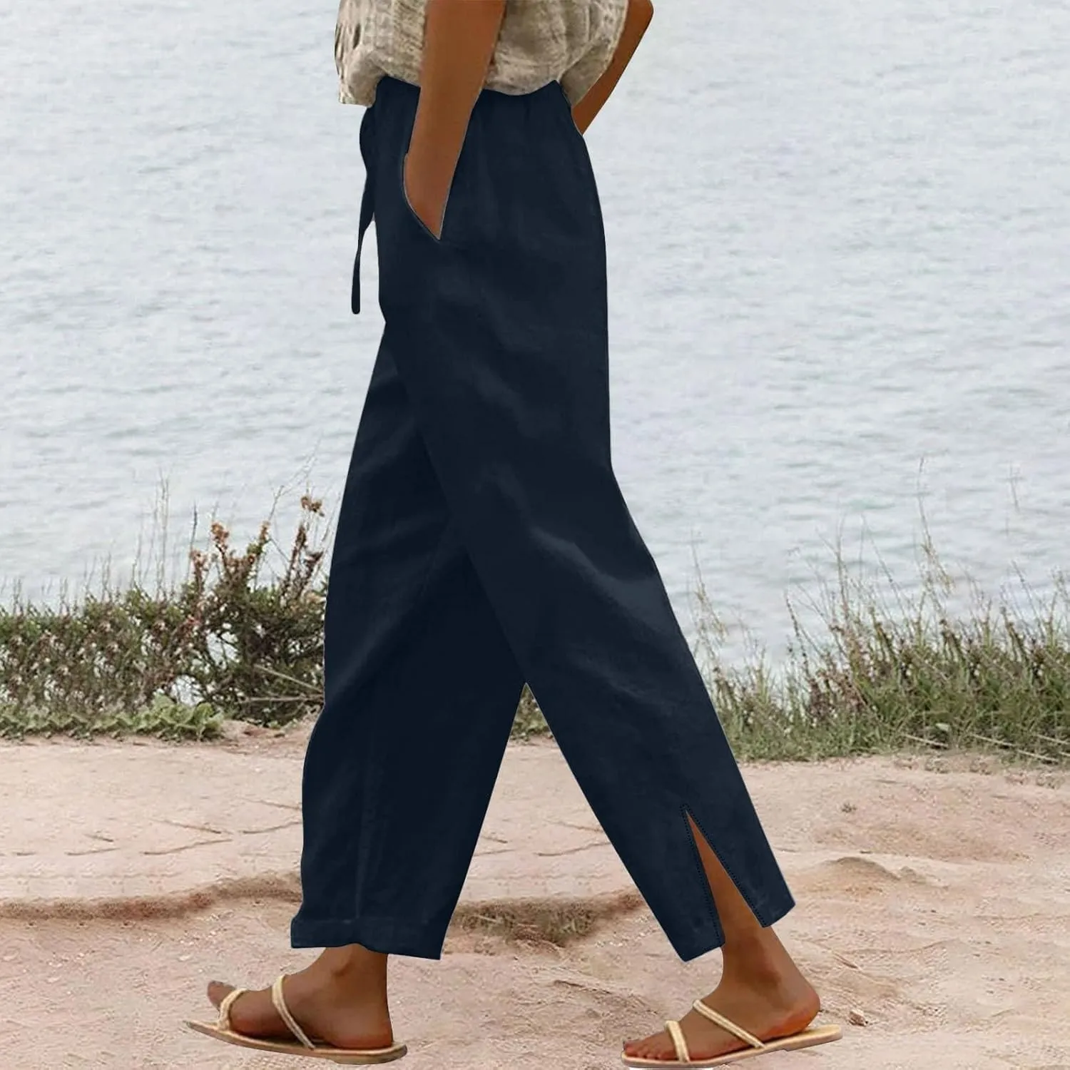Linen Pants Women High Waist Drawstring Pants Summer Casual Split Pants Trendy Fashion Trousers Beach Vacation Clothes