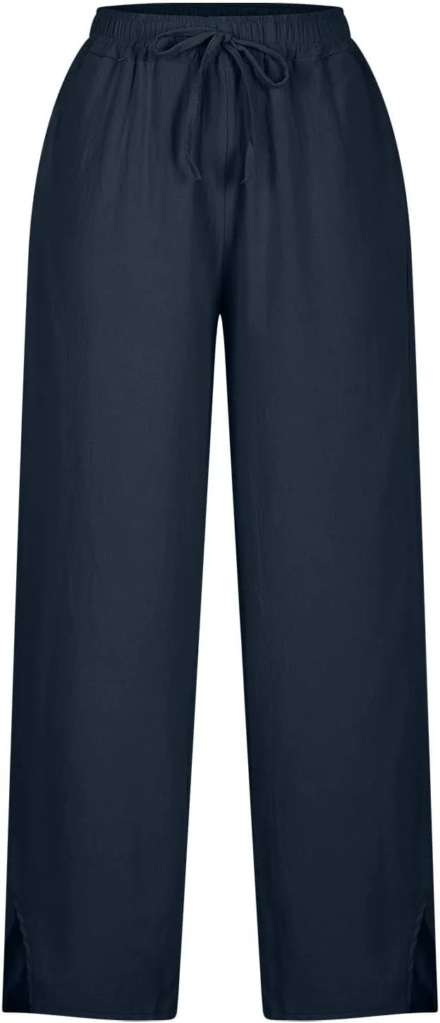 Linen Pants Women High Waist Drawstring Pants Summer Casual Split Pants Trendy Fashion Trousers Beach Vacation Clothes