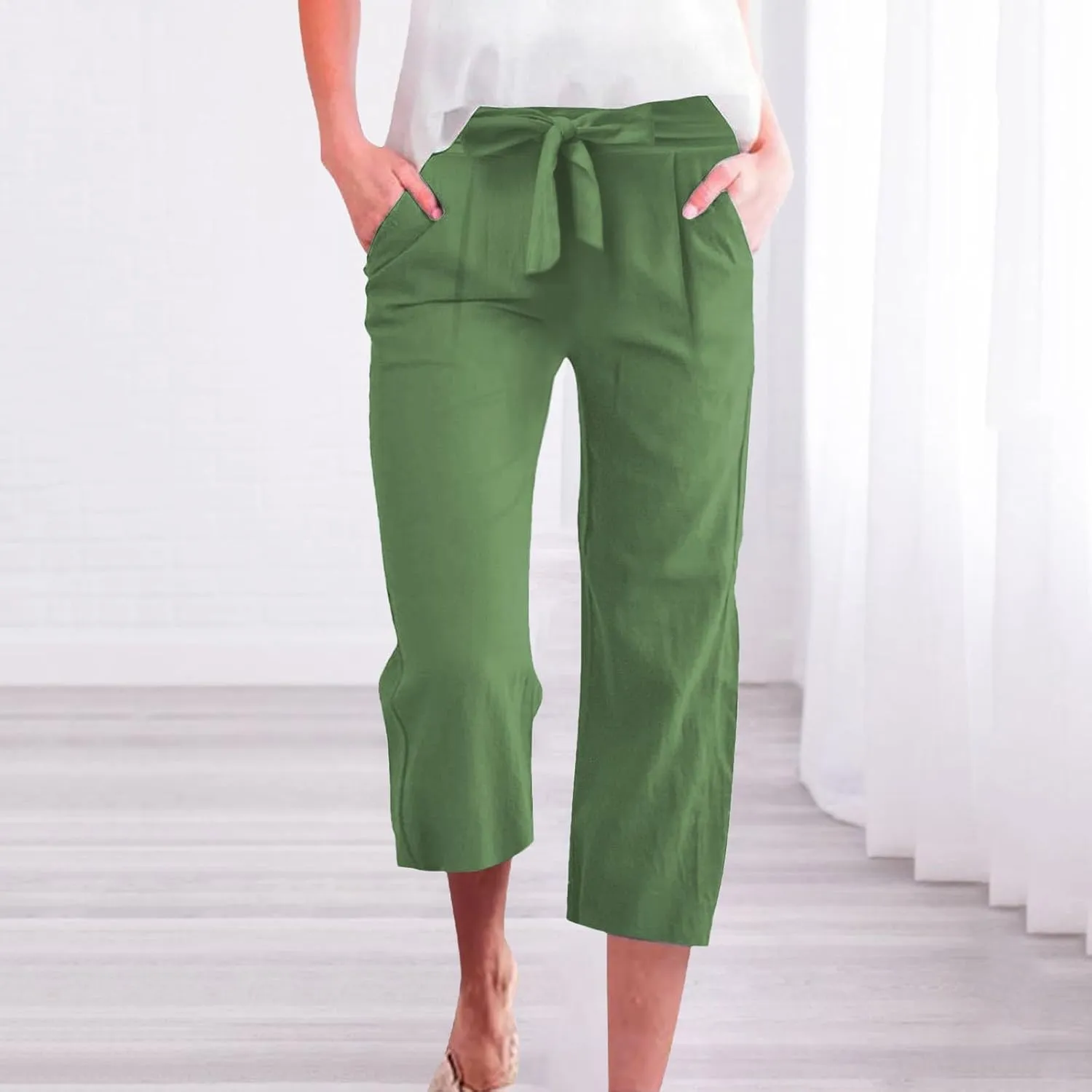 Linen Pants Women High Waist Wide Leg Elastic Drawstring Pants Women with Pockets Lounge Comfy Work Trousers
