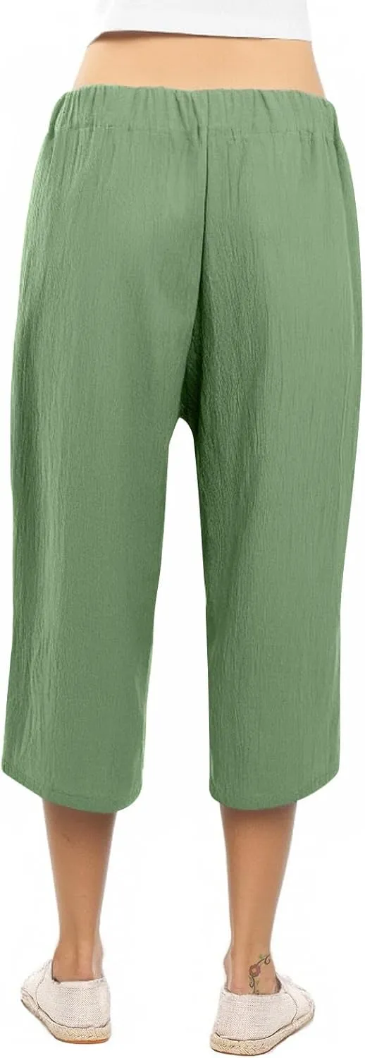 Linen Pants Women High Waist Wide Leg Elastic Drawstring Pants Women with Pockets Lounge Comfy Work Trousers
